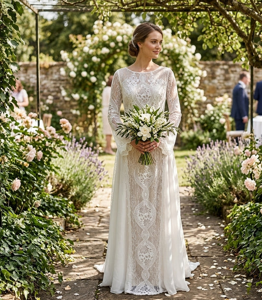 Ethereal Bohemian Long-Sleeve Lace Gown with Medallion Motif