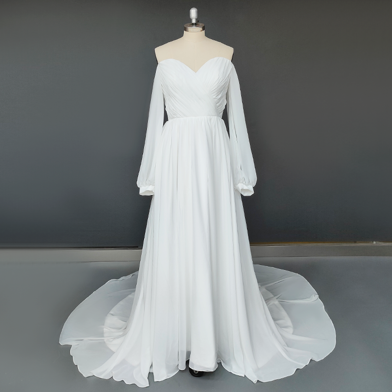 Pleated Chiffon A-Line Wedding Dress with Detachable Sleeves