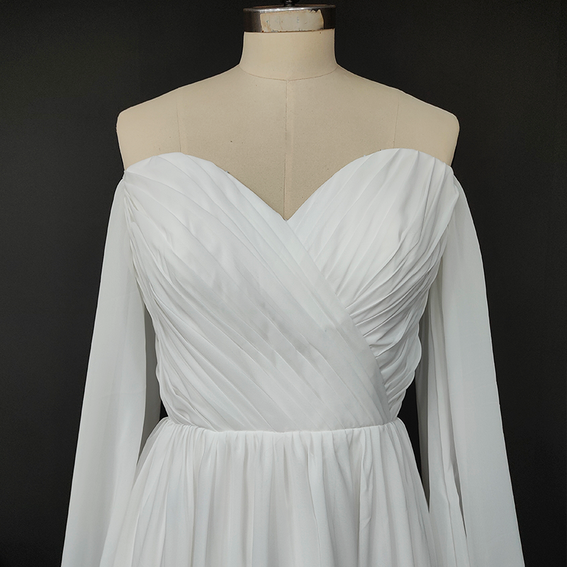 Pleated Chiffon A-Line Wedding Dress with Detachable Sleeves
