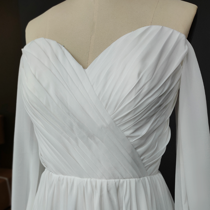 Pleated Chiffon A-Line Wedding Dress with Detachable Sleeves