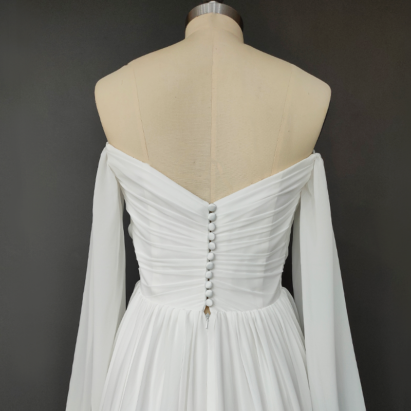 Pleated Chiffon A-Line Wedding Dress with Detachable Sleeves
