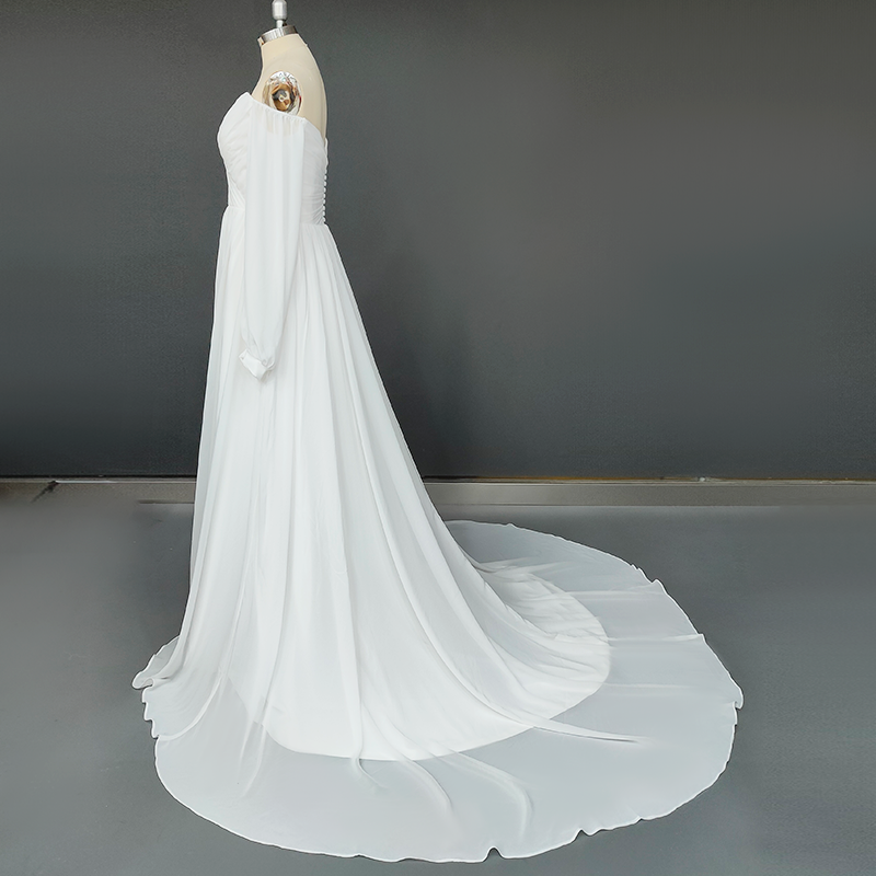 Pleated Chiffon A-Line Wedding Dress with Detachable Sleeves