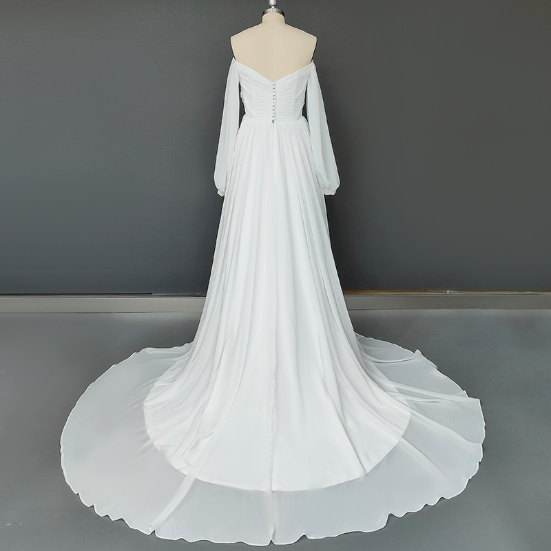 Pleated Chiffon A-Line Wedding Dress with Detachable Sleeves