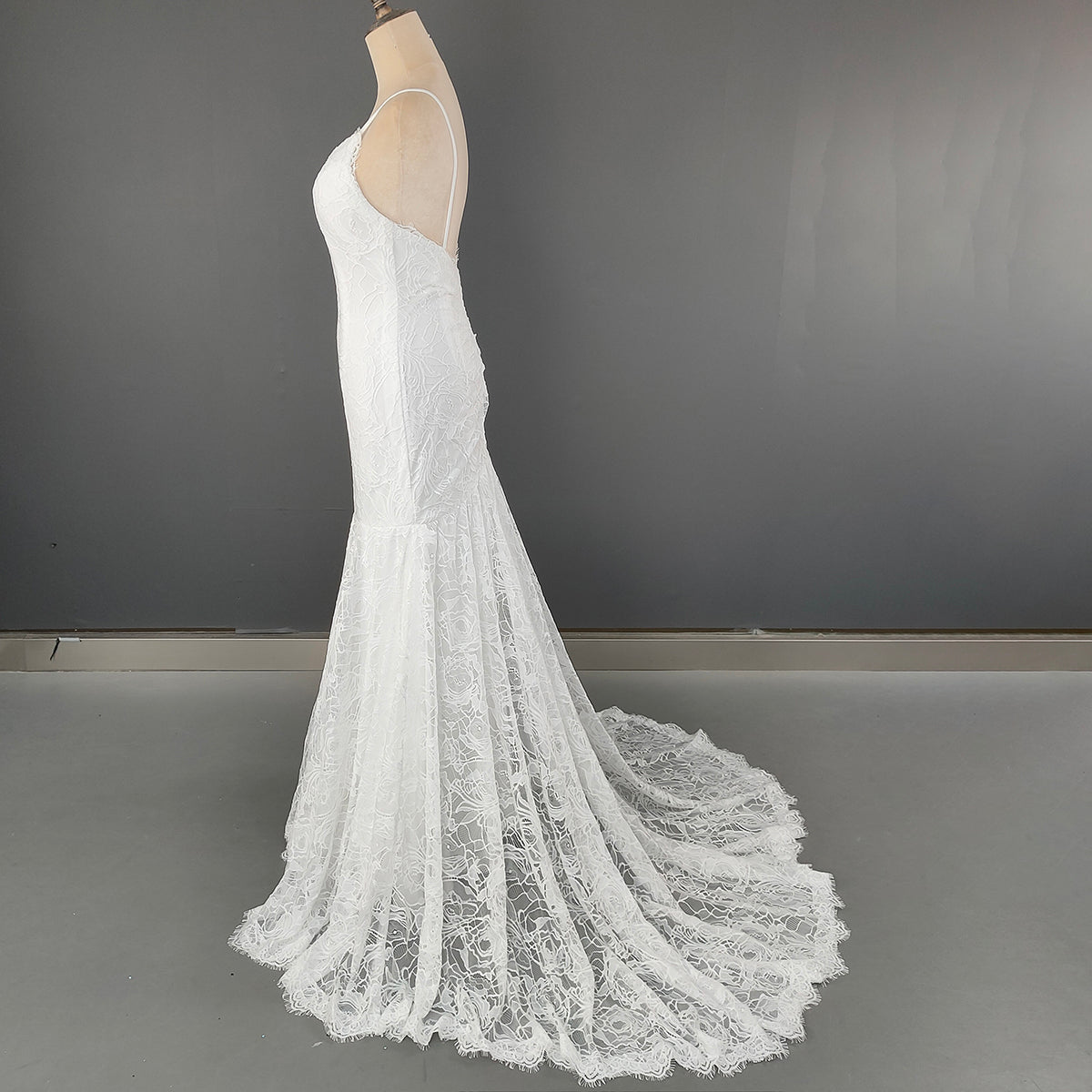 Eyelash Lace Mermaid Wedding Gown with Scalloped V-Neck and Open Back