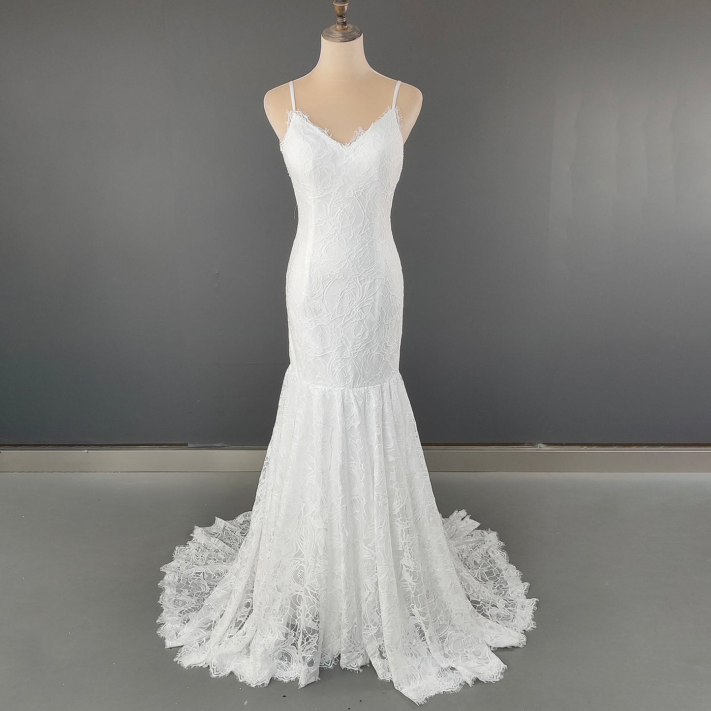 Eyelash Lace Mermaid Wedding Gown with Scalloped V-Neck and Open Back