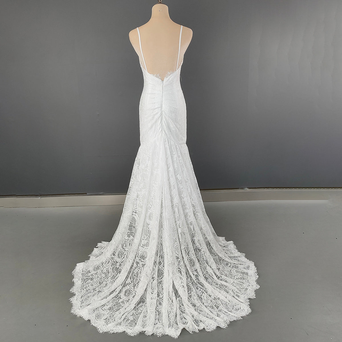 Eyelash Lace Mermaid Wedding Gown with Scalloped V-Neck and Open Back