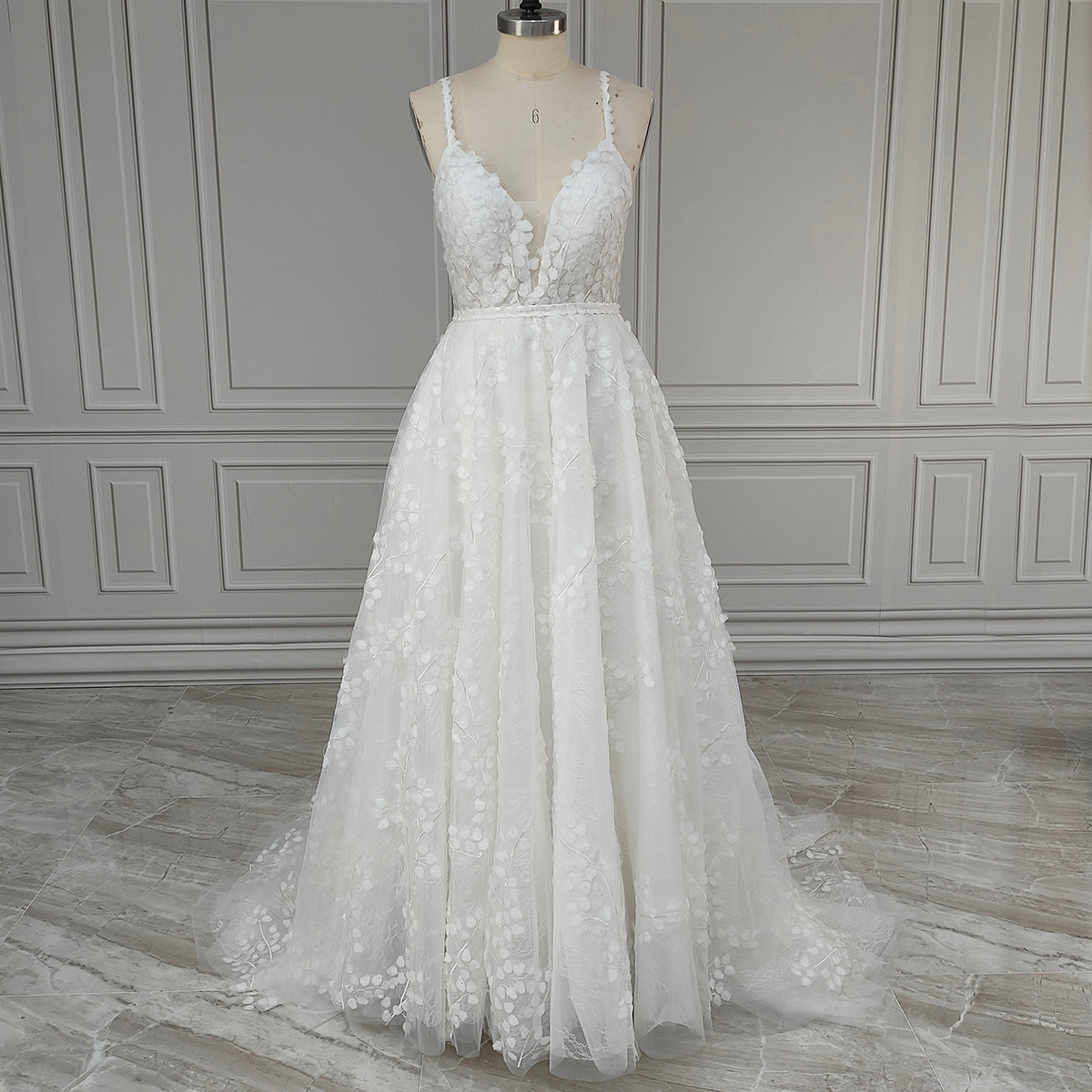 Ethereal Leaf Appliqué A-Line Wedding Gown with Deep V-Neckline