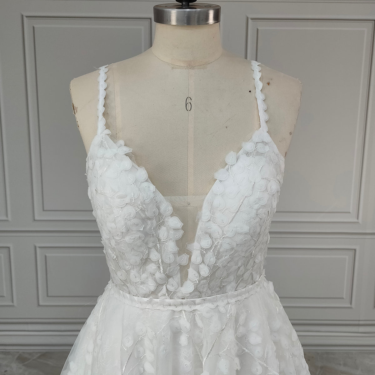 Ethereal Leaf Appliqué A-Line Wedding Gown with Deep V-Neckline