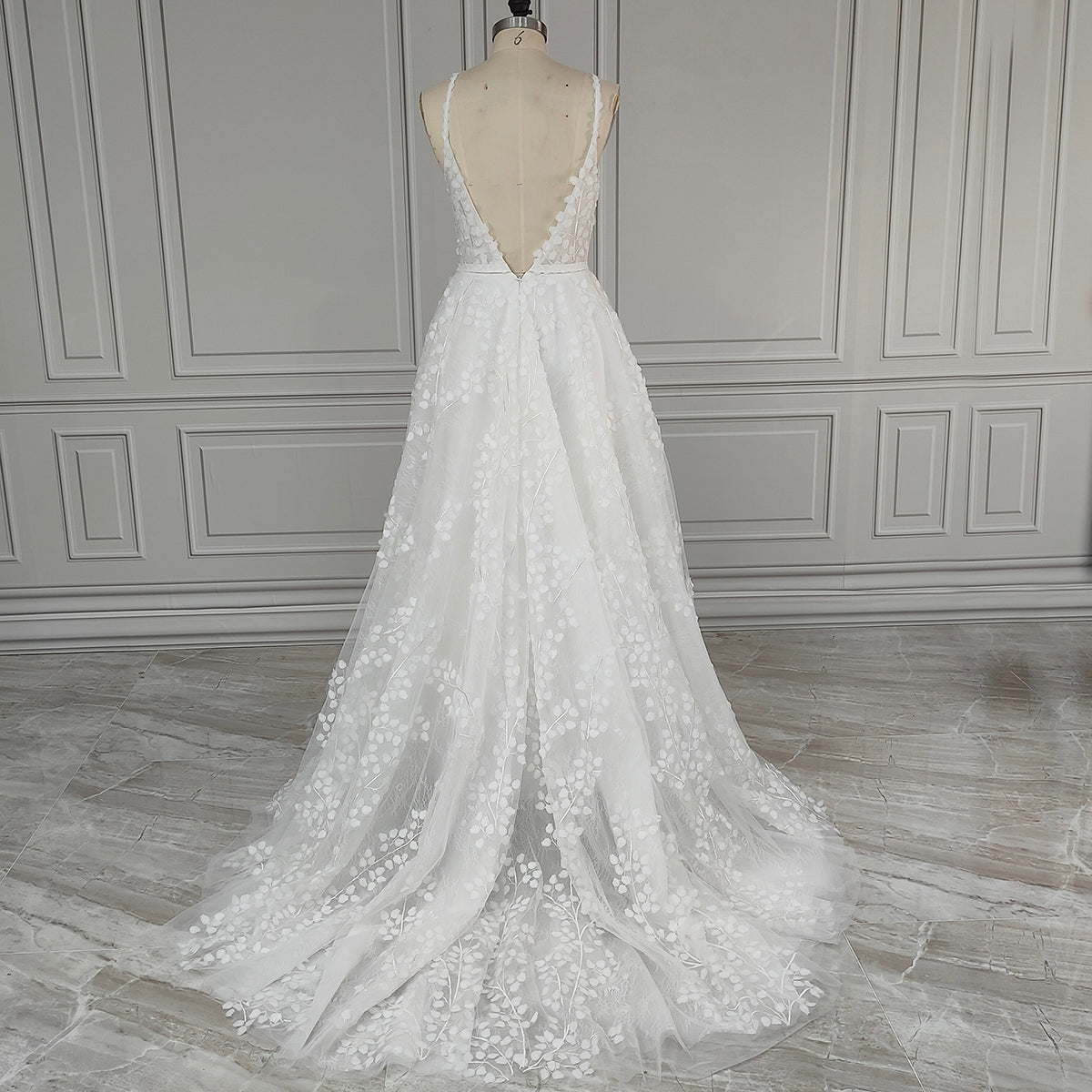 Ethereal Leaf Appliqué A-Line Wedding Gown with Deep V-Neckline