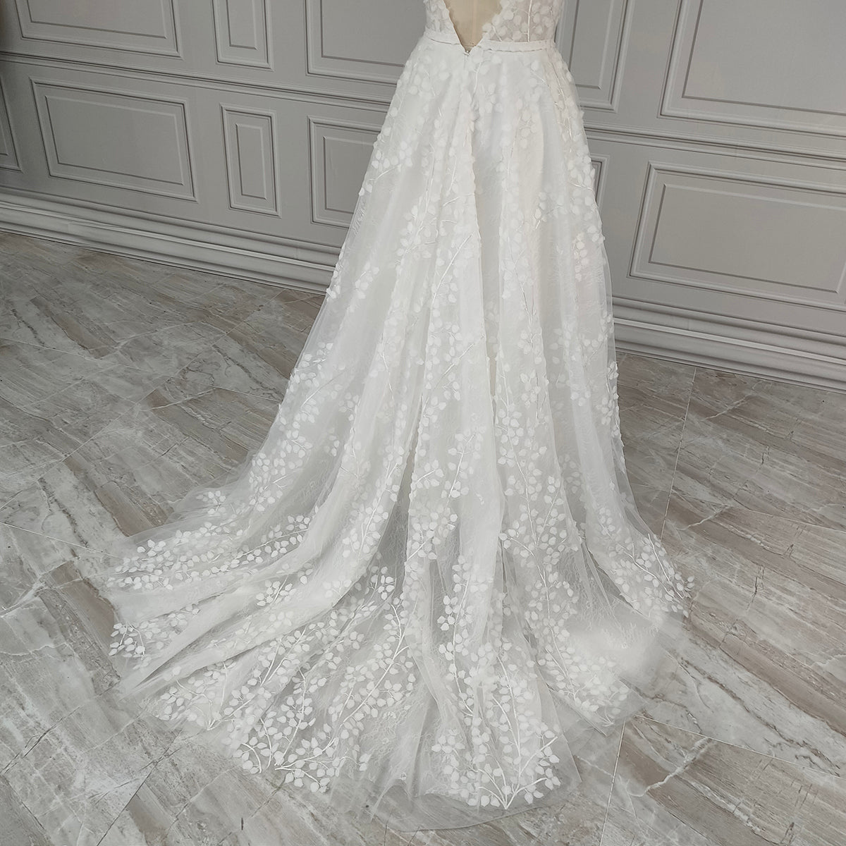 Ethereal Leaf Appliqué A-Line Wedding Gown with Deep V-Neckline