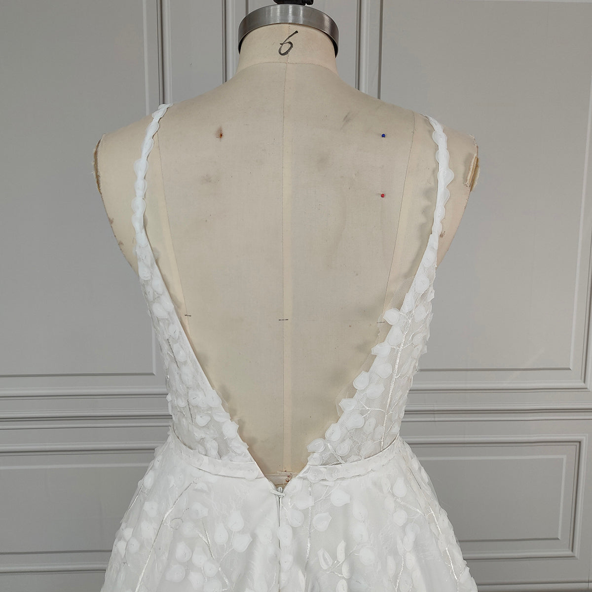 Ethereal Leaf Appliqué A-Line Wedding Gown with Deep V-Neckline