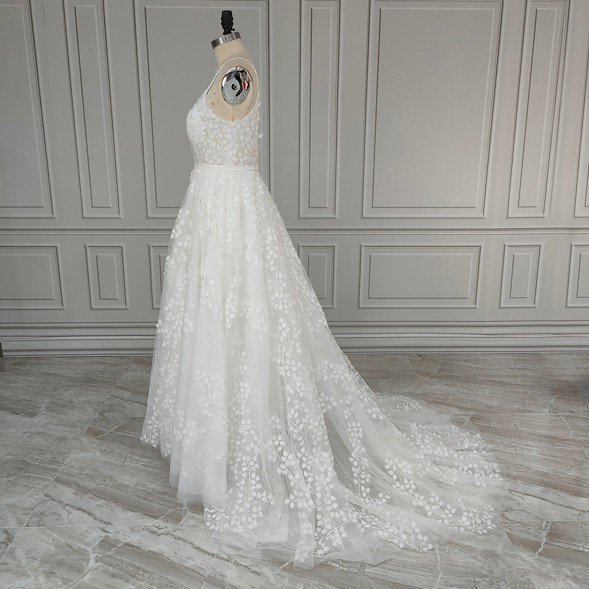 Ethereal Leaf Appliqué A-Line Wedding Gown with Deep V-Neckline