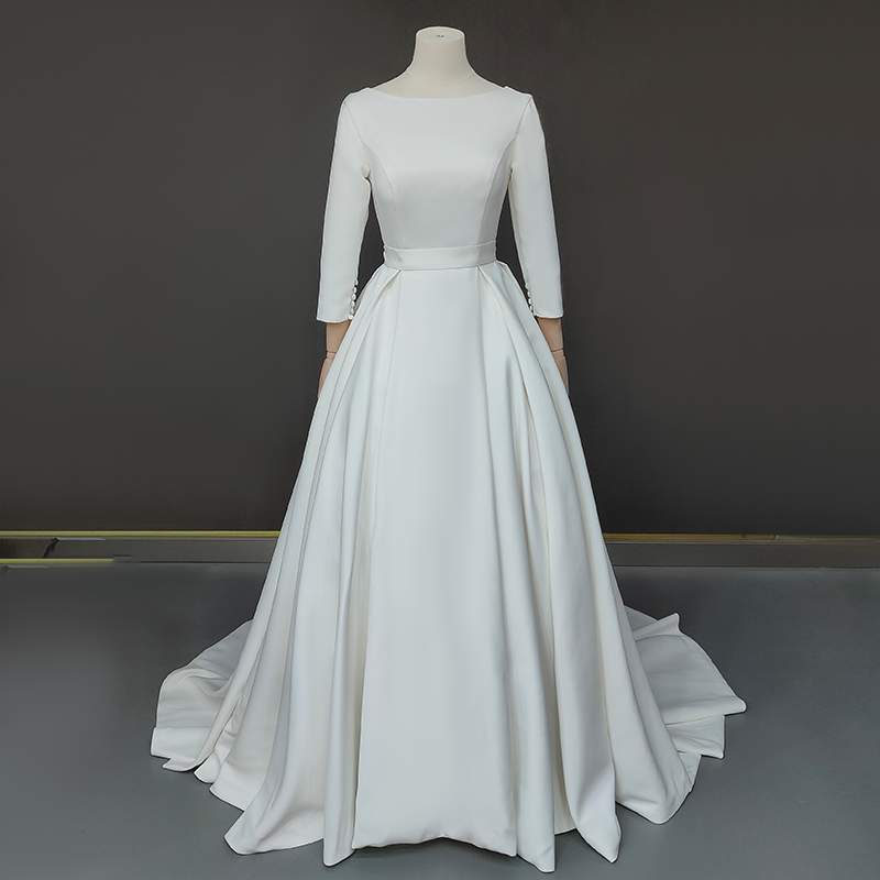 Classic Satin Ballgown with Bateau Neckline and Dramatic Open Back