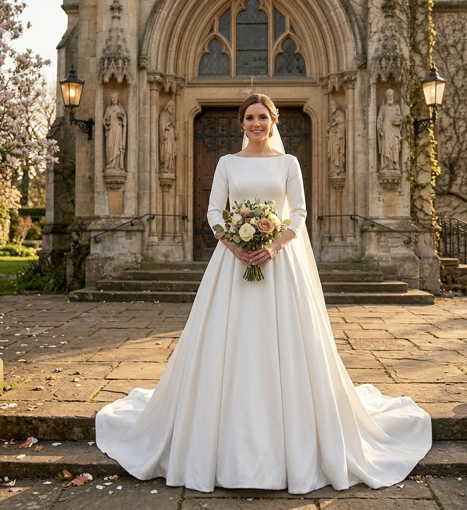 Classic Satin Ballgown with Bateau Neckline and Dramatic Open Back