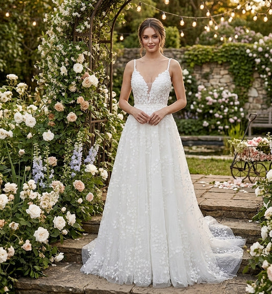 Ethereal Leaf Appliqué A-Line Wedding Gown with Deep V-Neckline