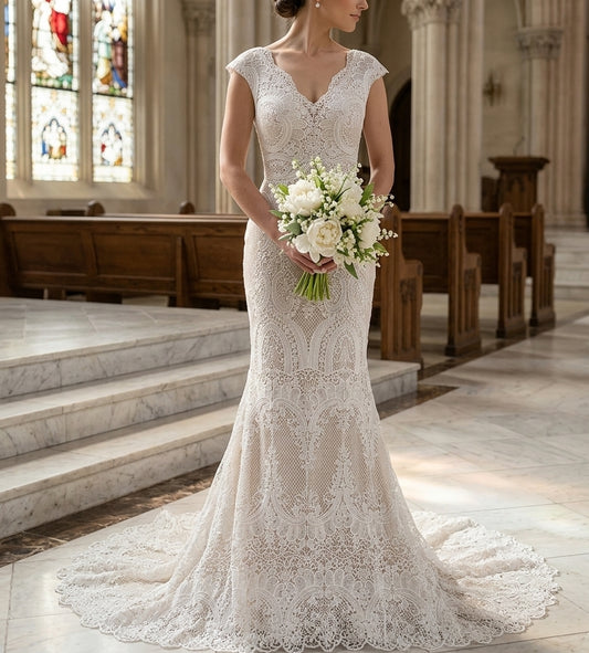 Enchanting All-Over Lace Trumpet Gown with Scalloped V-Neck