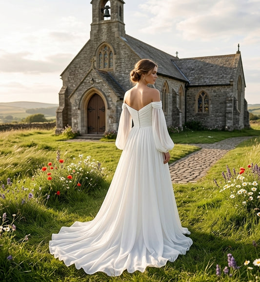 Pleated Chiffon A-Line Wedding Dress with Detachable Sleeves