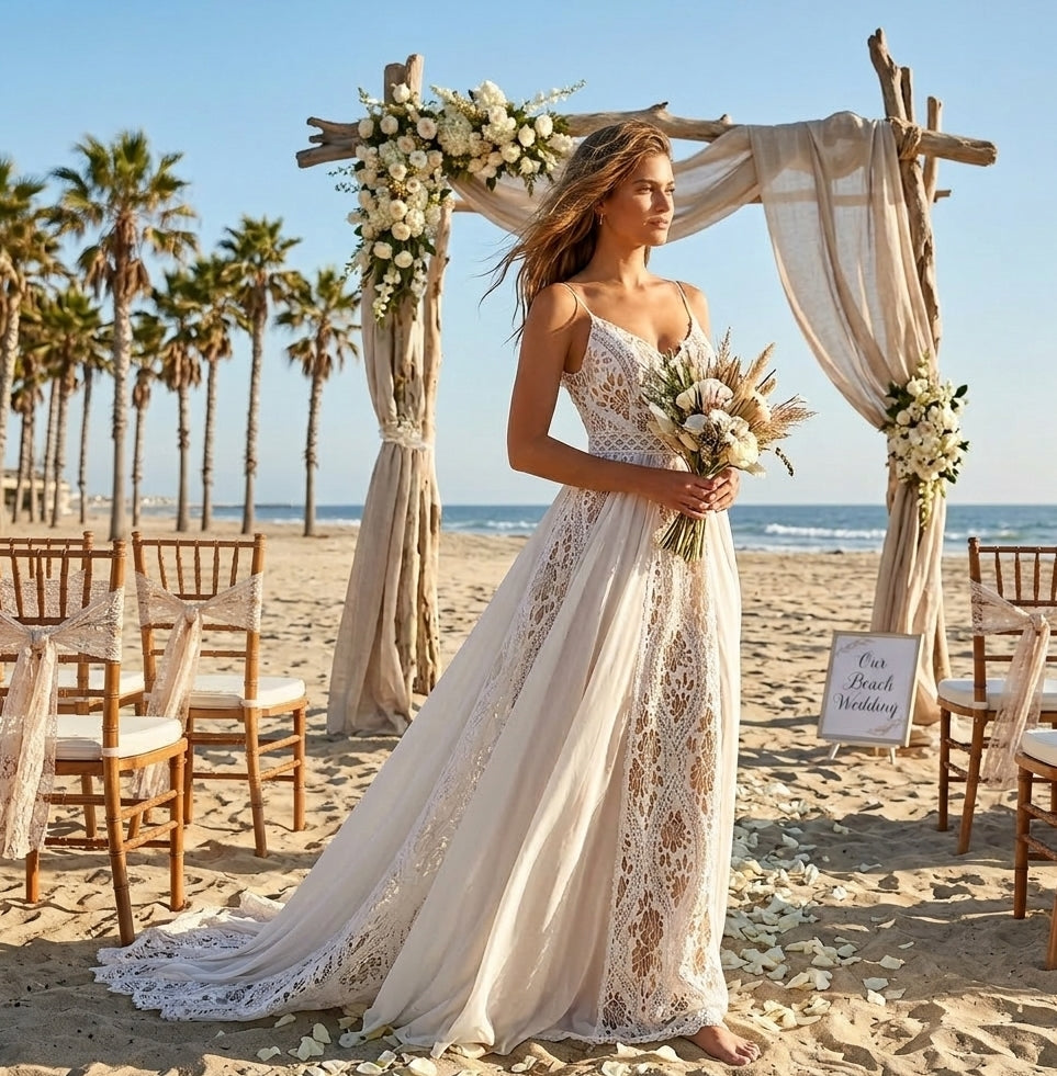 Ethereal A-Line Lace & Chiffon Beach Gown