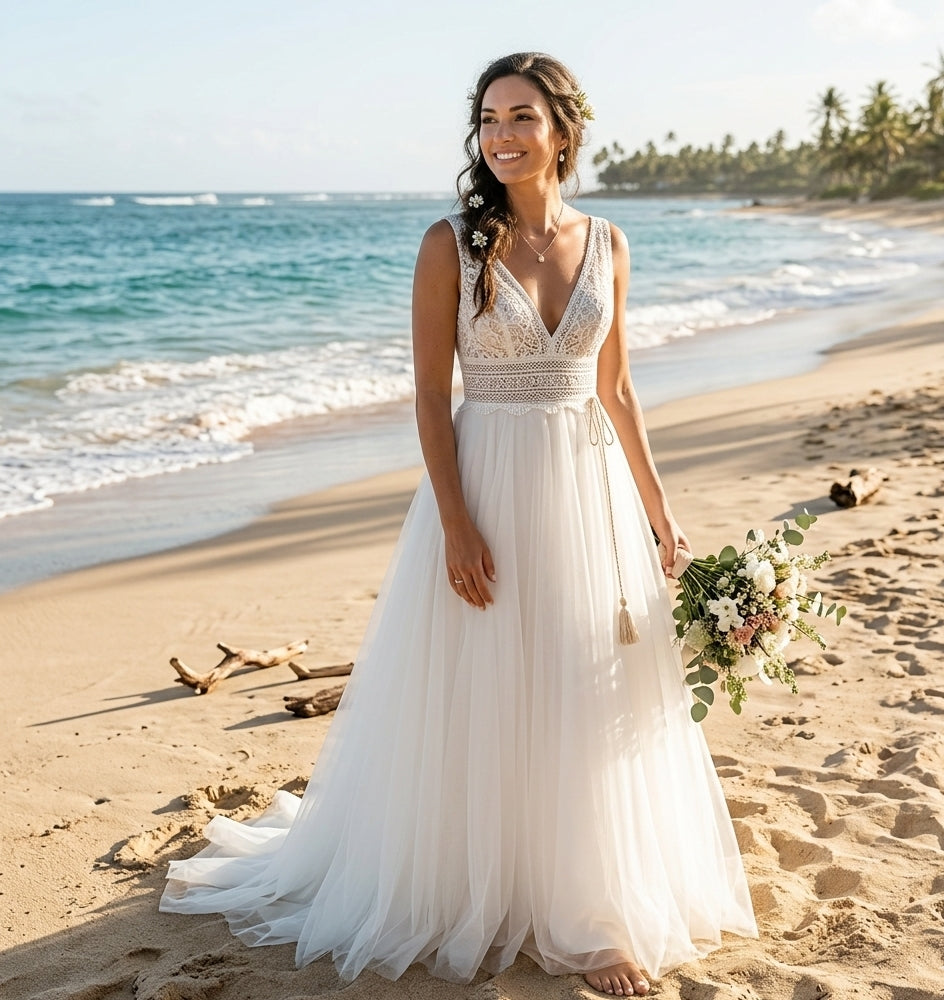 Bohemian-Luxe Crochet Lace Wedding Dress with Ethereal Tulle Skirt and Tassel