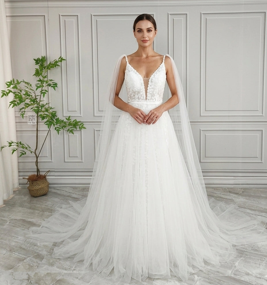 Elara Ethereal Cape-Sleeve Gown