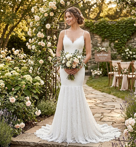 Eyelash Lace Mermaid Wedding Gown with Scalloped V-Neck and Open Back