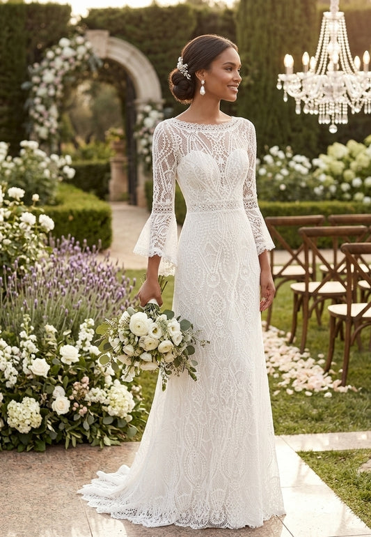 Vintage Bell-Sleeve Geometric Lace Gown