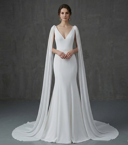 Modern V-Neck Mermaid Dress with Cathedral Wing Capes