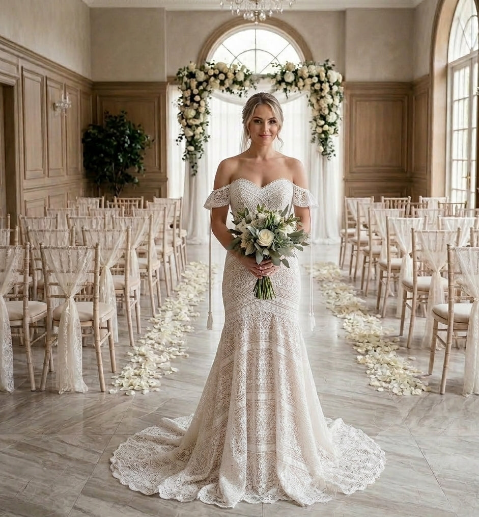 Robe sirène bohème en dentelle géométrique