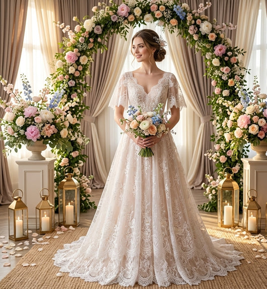 Scalloped Chantilly Lace & Flutter Sleeves