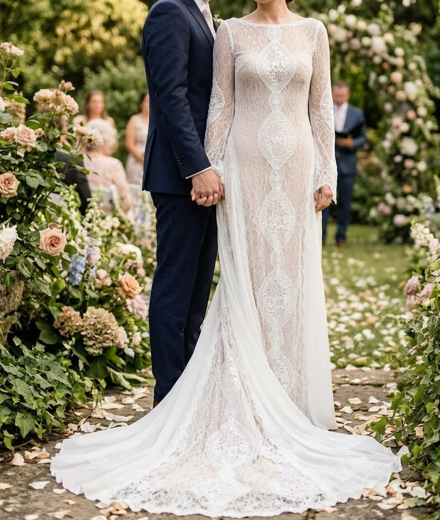 Ethereal Bohemian Long-Sleeve Lace Gown with Medallion Motif