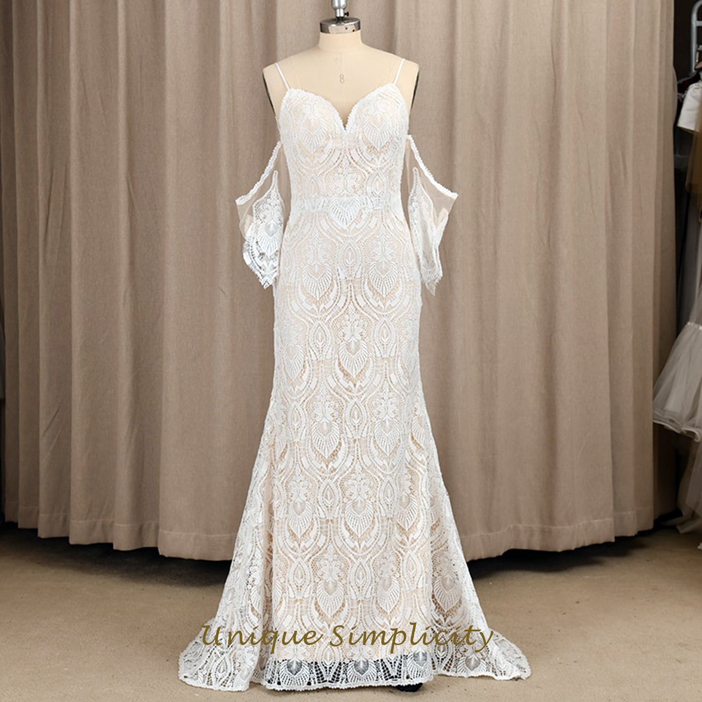 Geometric Fan Lace Mermaid Gown with Corset Back and Flutter Sleeves