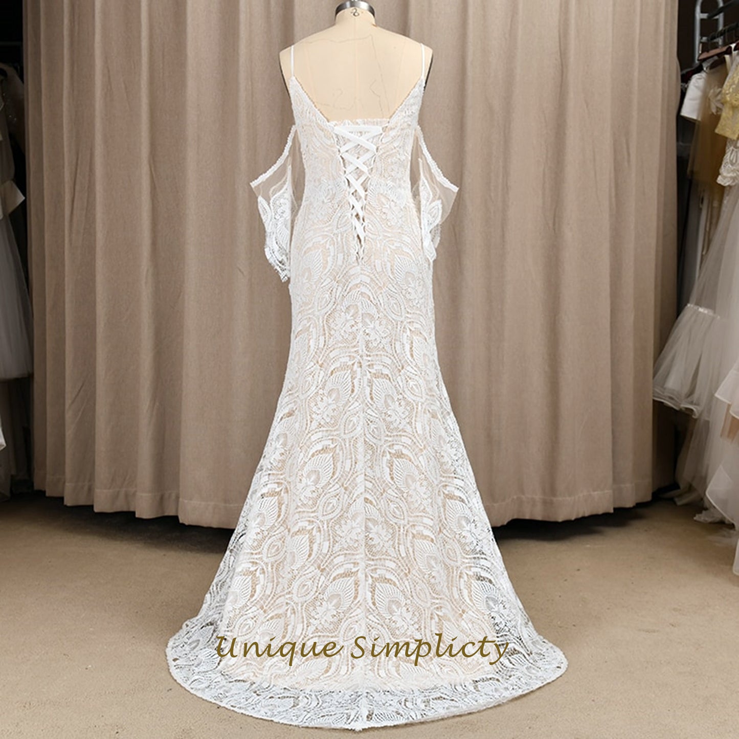 Geometric Fan Lace Mermaid Gown with Corset Back and Flutter Sleeves