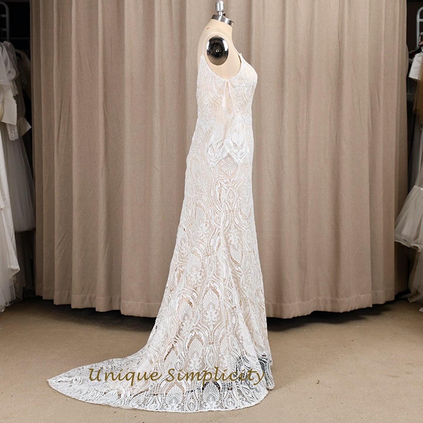Geometric Fan Lace Mermaid Gown with Corset Back and Flutter Sleeves