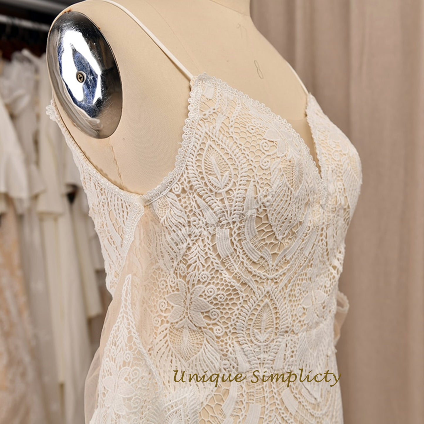 Geometric Fan Lace Mermaid Gown with Corset Back and Flutter Sleeves