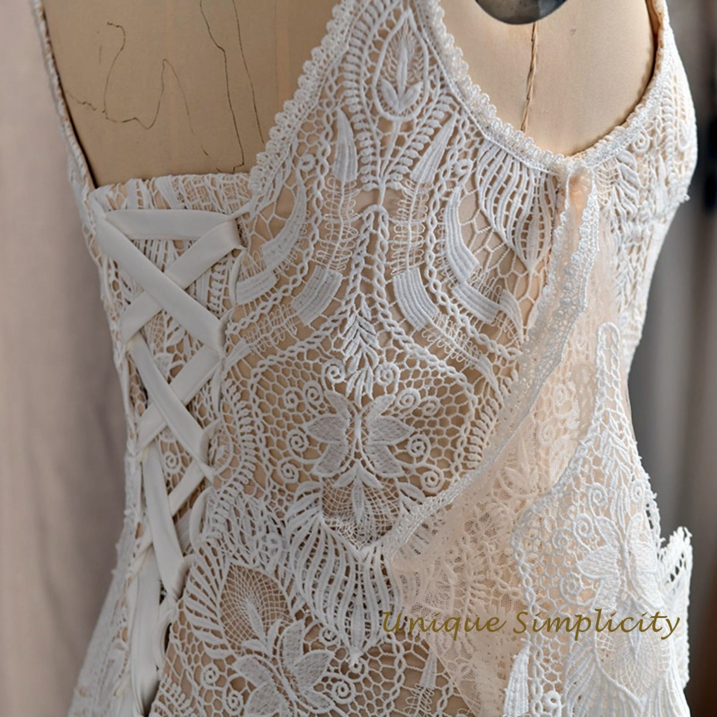 Geometric Fan Lace Mermaid Gown with Corset Back and Flutter Sleeves