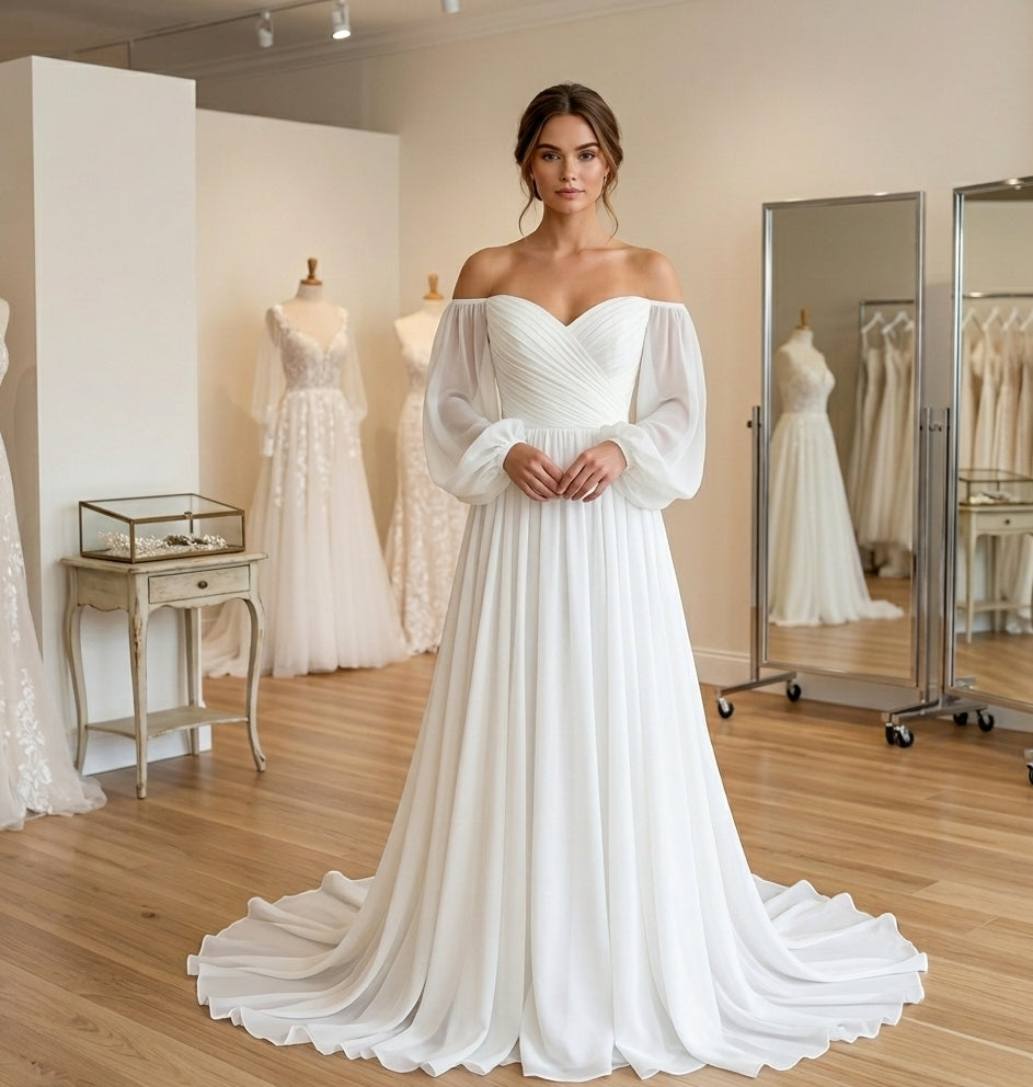 Pleated Chiffon A-Line Wedding Dress with Detachable Sleeves