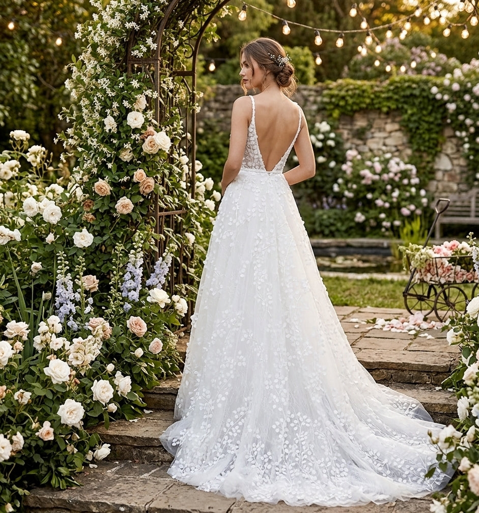 Ethereal Leaf Appliqué A-Line Wedding Gown with Deep V-Neckline