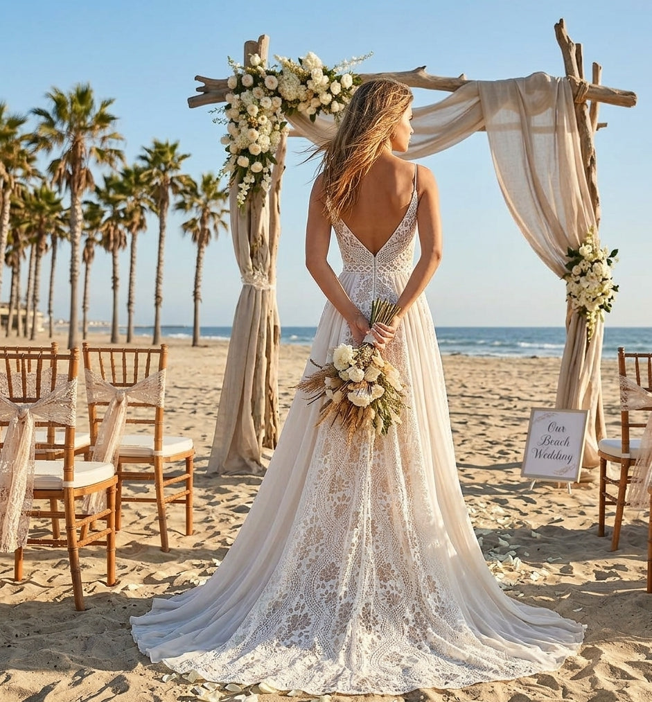 Ethereal A-Line Lace & Chiffon Beach Gown