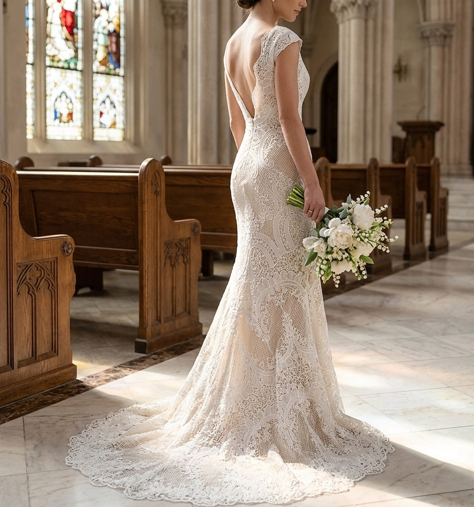 Enchanting All-Over Lace Trumpet Gown with Scalloped V-Neck