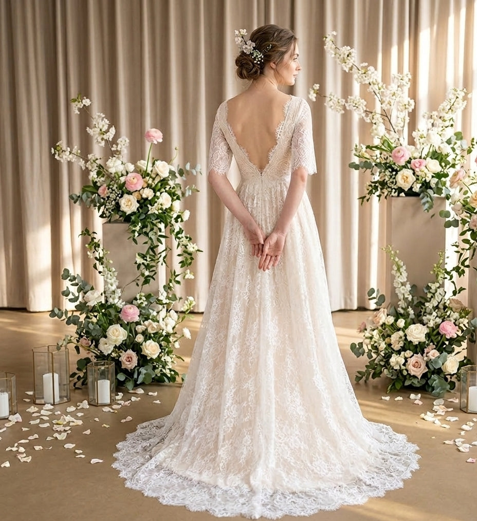 Scalloped Chantilly Lace & Flutter Sleeves