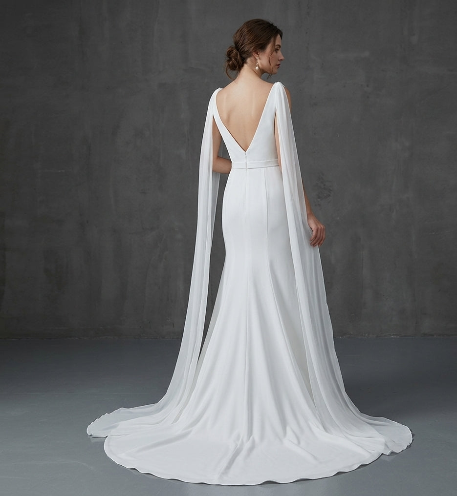 Modern V-Neck Mermaid Dress with Cathedral Wing Capes