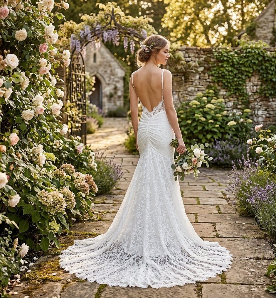 Eyelash Lace Mermaid Wedding Gown with Scalloped V-Neck and Open Back
