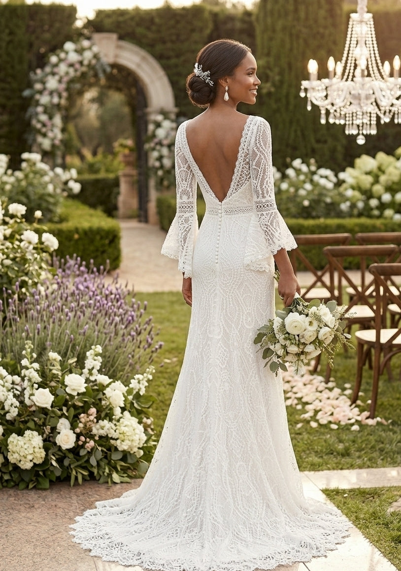 Vintage Bell-Sleeve Geometric Lace Gown