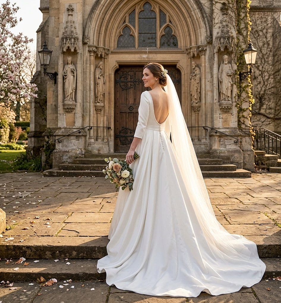 Classic Satin Ballgown with Bateau Neckline and Dramatic Open Back