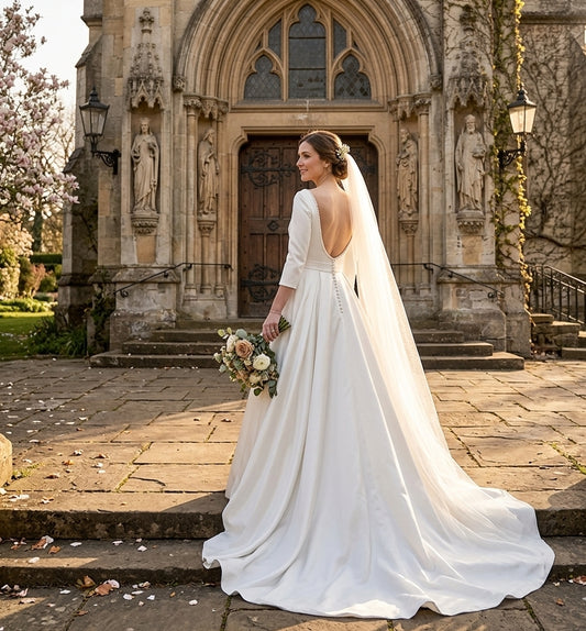 Classic Satin Ballgown with Bateau Neckline and Dramatic Open Back