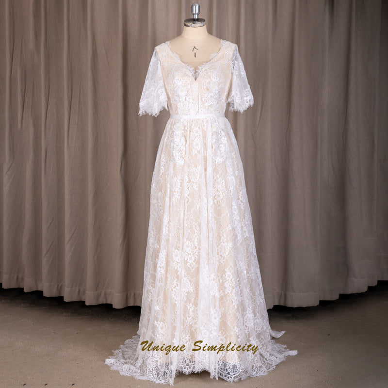 Scalloped Chantilly Lace & Flutter Sleeves