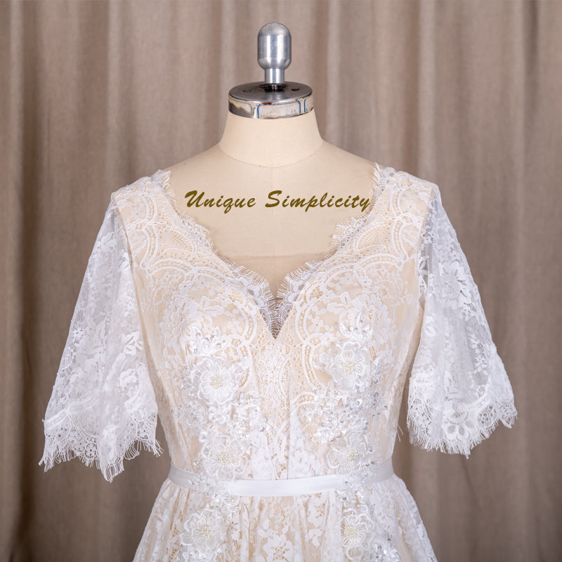 Scalloped Chantilly Lace & Flutter Sleeves