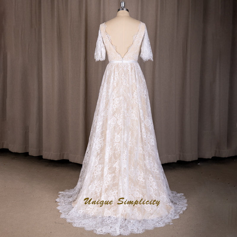 Scalloped Chantilly Lace & Flutter Sleeves