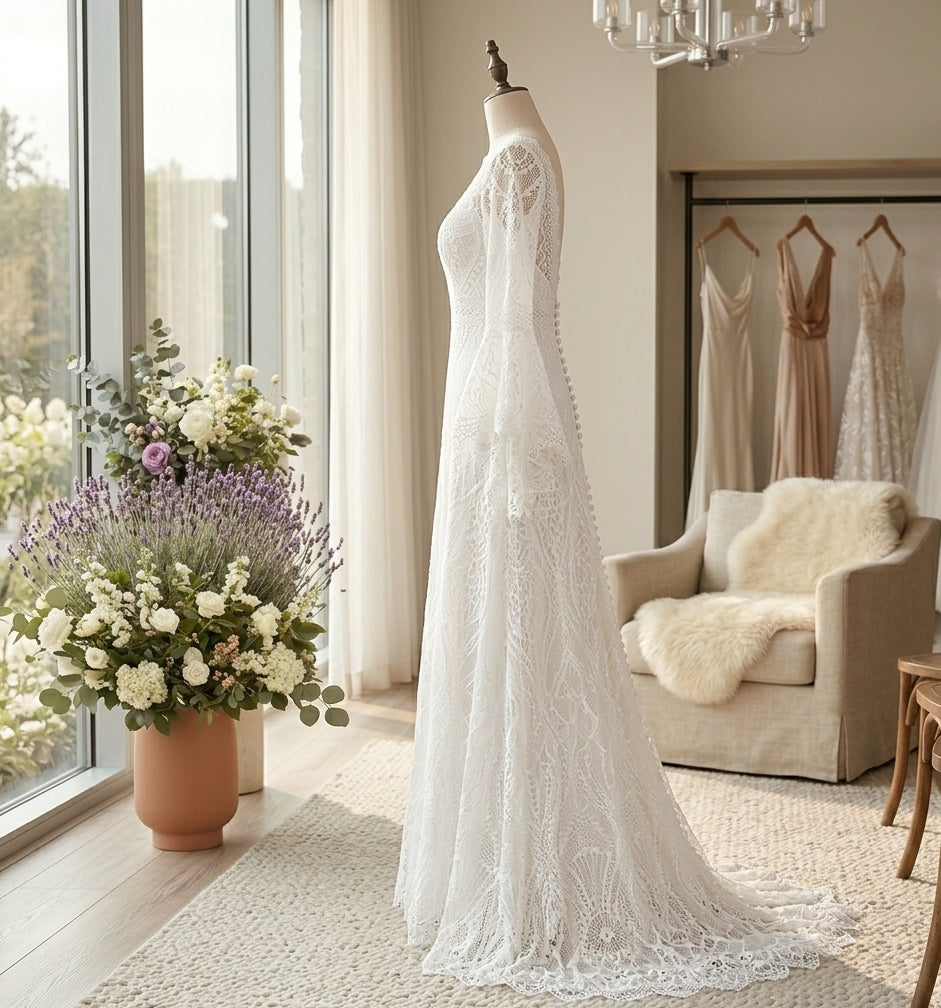 Vintage Bell-Sleeve Geometric Lace Gown