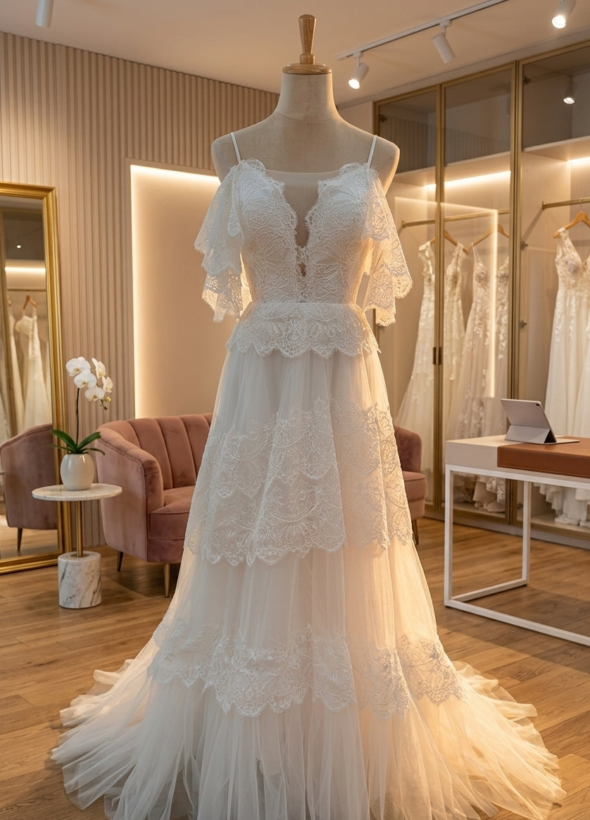 Wanderlust Lace Wedding Dress with Scalloped Tiers